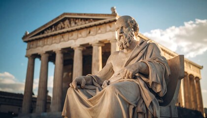 Seated philosopher statue before a classical temple, bathed in warm sunlight