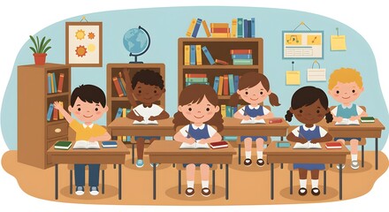World Students' Day Back to School Children's Day A diverse group of happy children studying in a vibrant elementary school classroom. An illustration of early education and childhood development.
