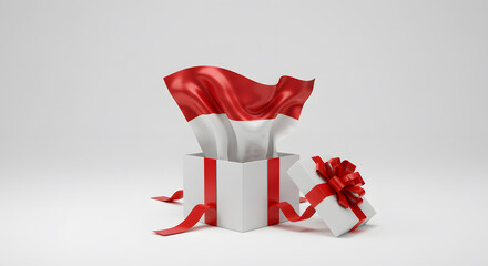 White gift box with a red ribbon opens to reveal the waving flag of Indonesia, a patriotic 3D rendered illustration for national day.