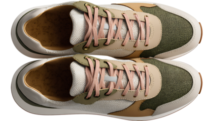Top-Down Flat Lay of Earth-Tone Mixed-Material Sneakers with White Sole, Transparent Background.png