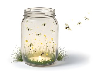 Jar filled with glowing fireflies and grass with fireflies flying around