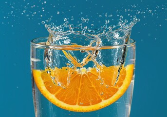 Orange slice in a glass of water with a splash against a blue background close up studio shot view