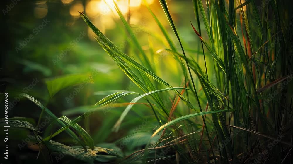 Poster close-up macro view of vibrant green grass blades in a summer forest illuminated by warm golden suns