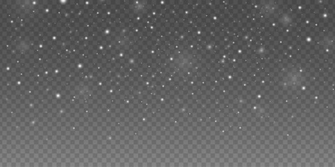 Falling blurred white snow particles in motion on a transparent background. Magical ethereal light effect for festive or fantasy themes. Shimmering ambiance lights bokeh. Vector illustration.