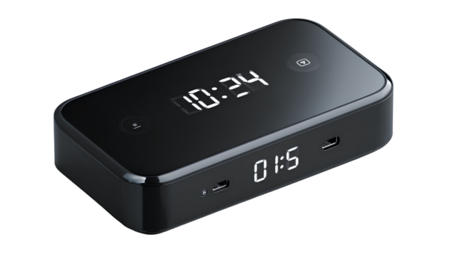 Top-Down View of Alarm Clock with USB Port and Touch Buttons, Transparent Background.png