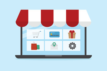 Online shopping concept. E-commerce retail business, digital marketing, technology Laptop with social media and application for home shopping illustration flat vector.