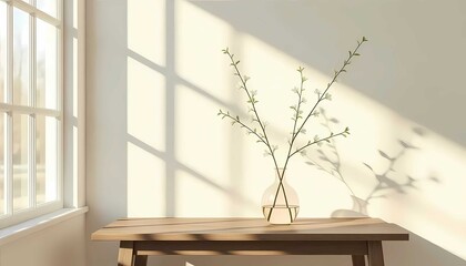 Minimalist interior with wooden table, glass vase, leaf, and sunlight