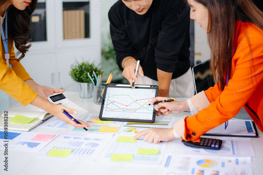 Poster business documents on office table with smart phone and calculator digital tablet and graph business