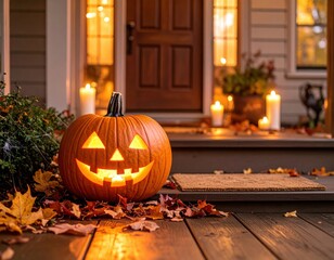 Obraz premium Halloween Jack o Lantern with Autumn Leaves and Candles on Front Porch