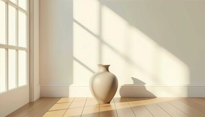 Minimalist interior with ceramic vase, sunlight, shadow, and texture