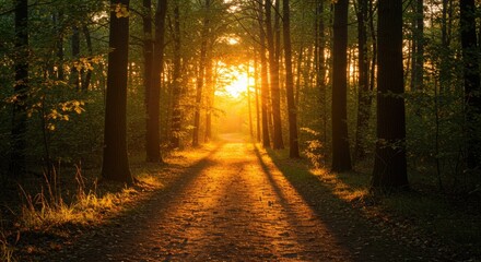 Fototapeta premium Golden Sunlight Path Through Woods