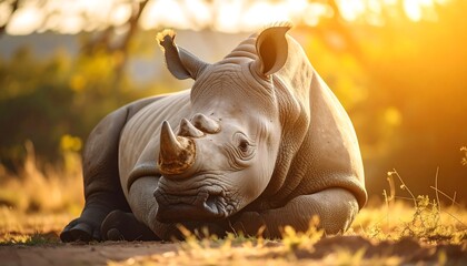 White rhino resting in golden light