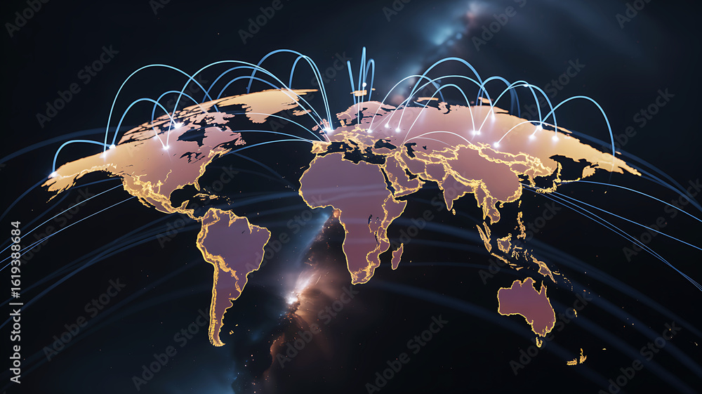 Poster global network of light trails connecting continents on a digital world map