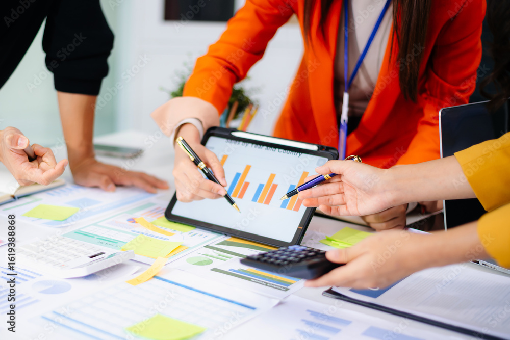 Poster business people talking discussing with financial document data charts and graphs team business meet