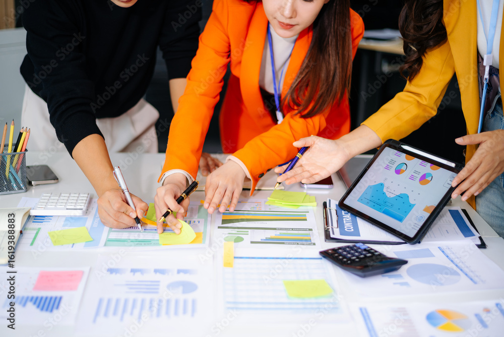 Poster business people talking discussing with financial document data charts and graphs team business meet