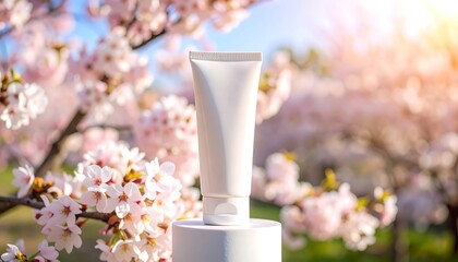 White tube product amongst cherry blossoms