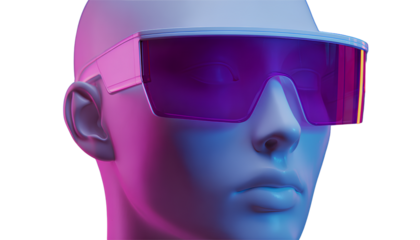 Visor-Style Sunglasses on Mannequin Head with Neon Lighting, Top-Angle View, Transparent Background.png