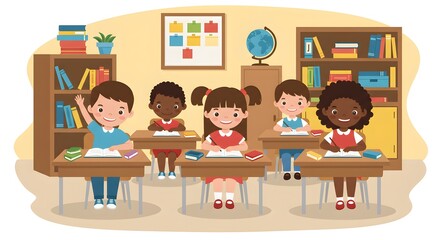 World Students' Day Children's Day Diverse group of elementary students learning together in a vibrant classroom setting. Concept of inclusive education and childhood development.