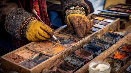 Hands mixing earthy pigments in a wooden palette.