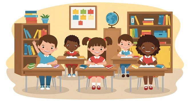 World Students' Day Children's Day Diverse group of elementary students learning together in a vibrant classroom setting. Concept of inclusive education and childhood development.