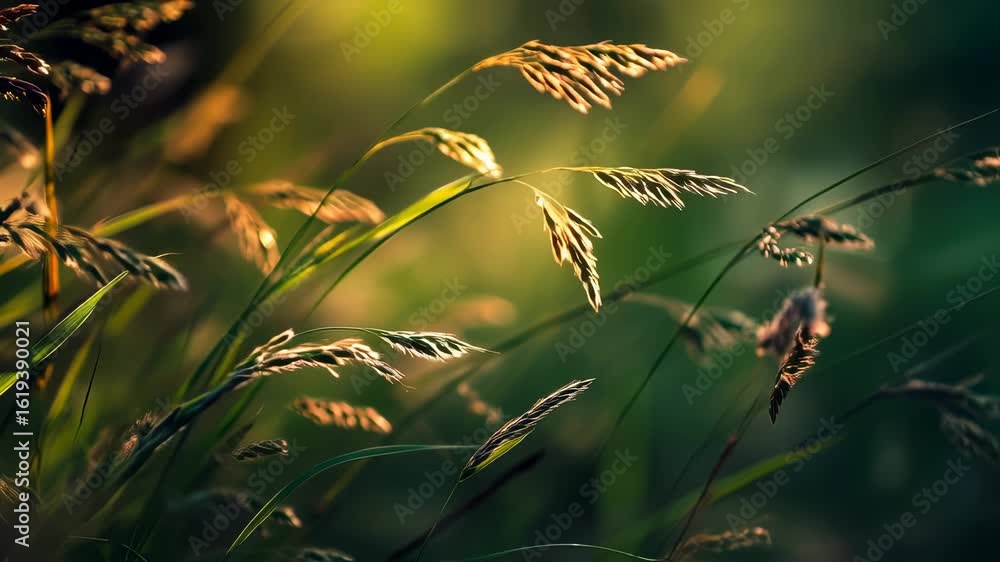 Poster close-up macro view of vibrant green grass blades in a summer forest illuminated by warm golden suns
