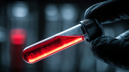 Test tube blood sample laboratory gloved hand medical research red liquid close up science healthcare experiment