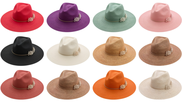 Stylish wide brimmed hats in various colors perfect for fashion, travel or adding elegance to any summer look, shop now