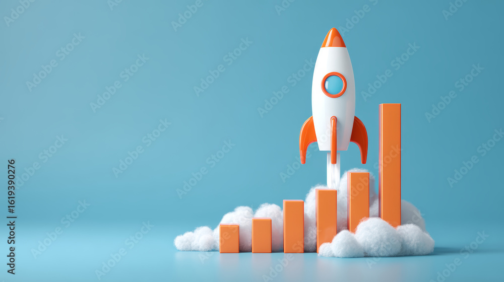 Poster rocket launch with orange bar graph and clouds on blue background symbolizing growth and success in 