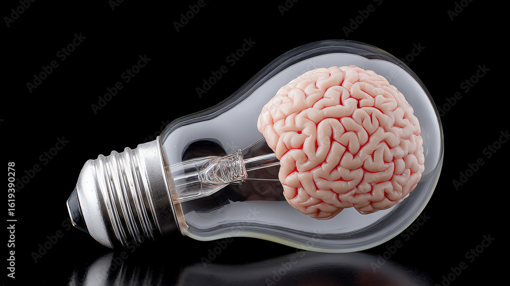 Poster a unique design of a light bulb containing a realistic brain, symbolizing creativity and innovation 