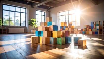 Sunlit room with colorful wooden blocks forming a pyramid on hardwood floor