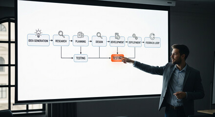 Confident businessman presenting project lifecycle flowchart with focus on testing during business meeting presentation