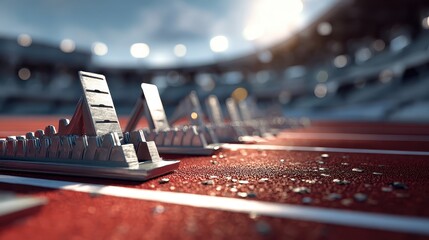 Starting blocks on track, stadium background. Use sports, motivation, competition