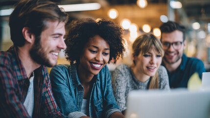 Multicultural team collaborating in modern office space smiling and working together on laptop with warm lighting and creative atmosphere