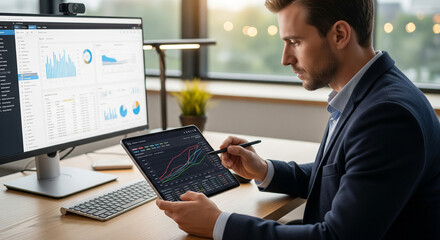 Focused businessman analyzing financial data on tablet and computer screen in modern office setting.