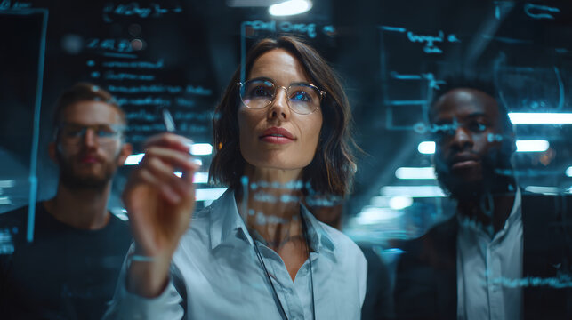 Female leader writing on transparent board with marker while two colleagues watching, focused teamwork in modern office
