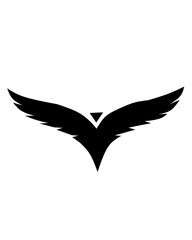 Minimalist black wings spread wide in a bold, symmetrical design with sharp feather details, symbolizing freedom, strength, flight, and protection in a modern style.
