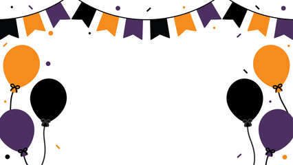 Cheerful Halloween celebration background illustration with orange, purple and black party bunting, balloons, and confetti.