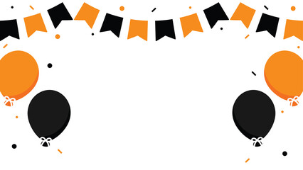 Cheerful Halloween celebration background illustration with orange and black party bunting, balloons, and confetti.