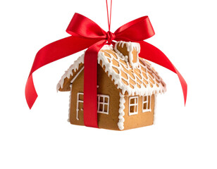  Tiny Gingerbread House Ornament with Red Bow, Hanging Mid-Air, Clean White Background