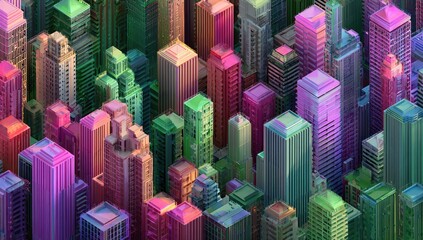 Obraz premium Colorful isometric city skyline, aerial view, sunset, urban landscape, website banner