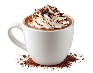  Hot Chocolate in Mug with Whipped Cream Swirl and Chocolate Shavings, Front-Facing, Transparent Background