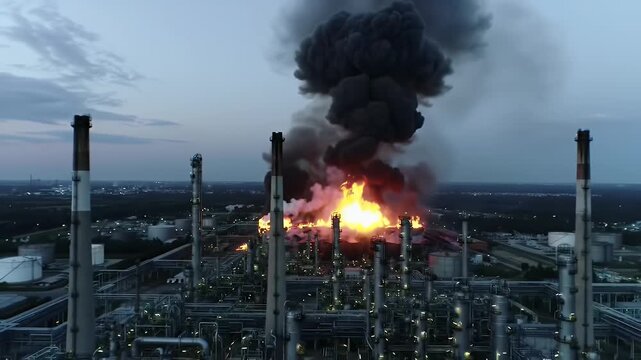 Inferno at Dusk Aerial View of Industrial Plant Engulfed in Explosive Fire and Thick Black Smoke