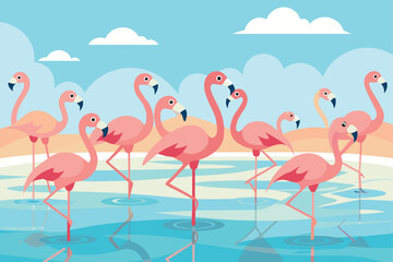 Fototapeta premium Flock of flamingos wading in shallow water