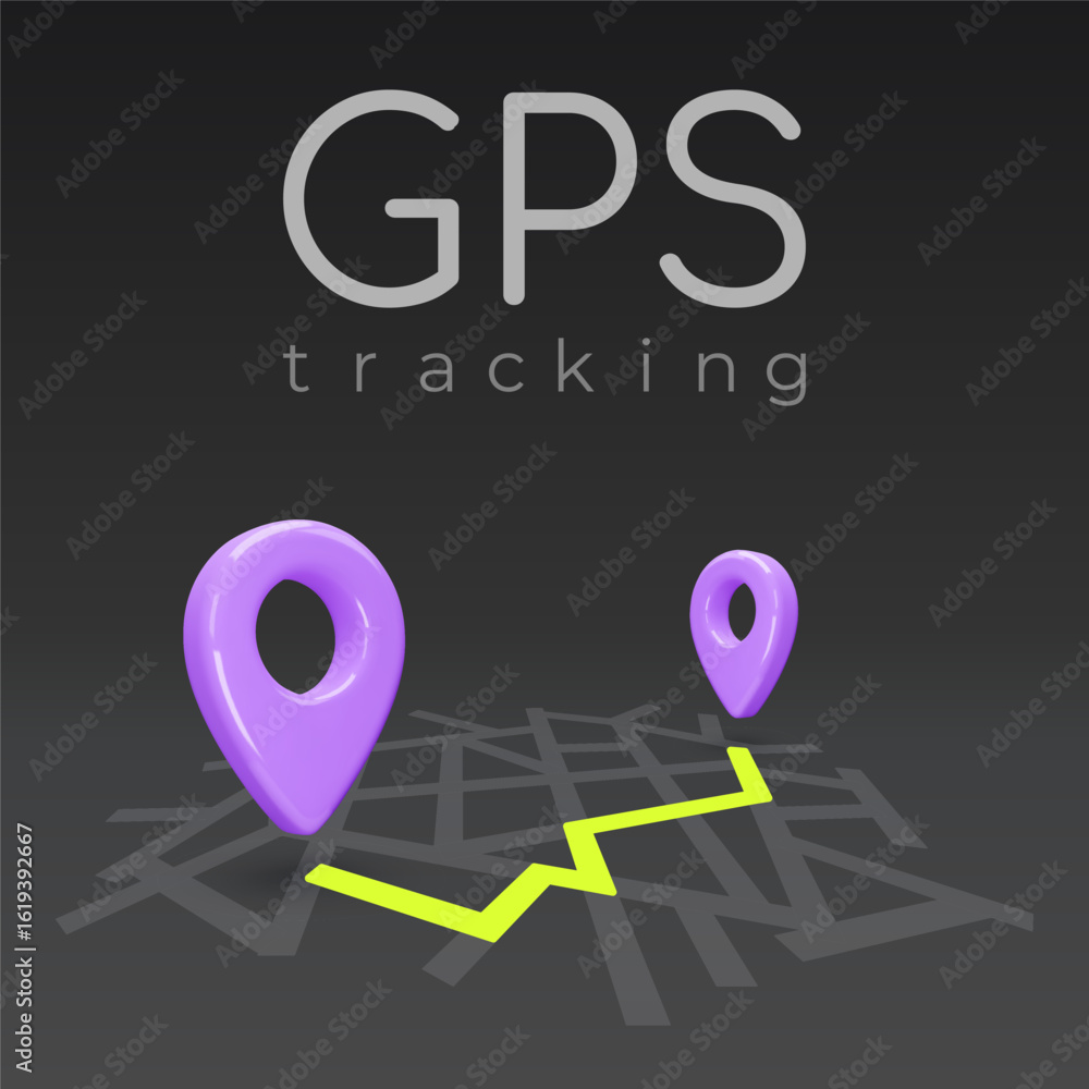 Poster red location pointers on map, placemark, markers with gray path, gps navigation pin sign. 3d gps ico