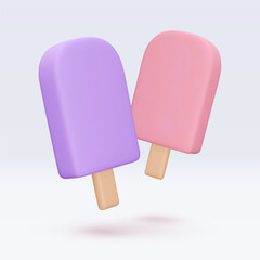 Pink and purple Ice cream, icon, 3d render. Design elements. Realistic Sweet fast food icon. Vector illustration isolated on white for menu, shop, flyer, banner, web, adv, sale
