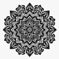 Traditional mandala with solid black ornamental patterns, clean symmetry, white background, no shadows or color variations
