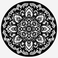 Solid black and white mandala design, symmetrical floral elements, circular layout, bold shapes, pure white background, no shading