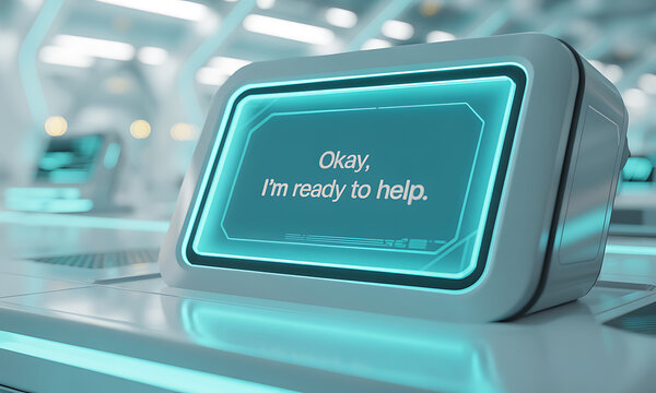 Futuristic AI Assistant Kiosk Displaying 'Ready to Help' Message on Glowing Digital Screen