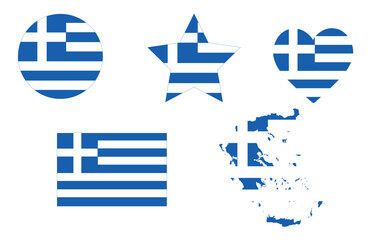 Set Greece flags, banners, banners, symbols, flat icon. Vector illustration of collection of national symbols on various objects and state signs,Greece map with Greek flag background.