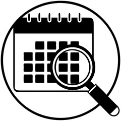 Calendar with magnifier icon in black and white design  